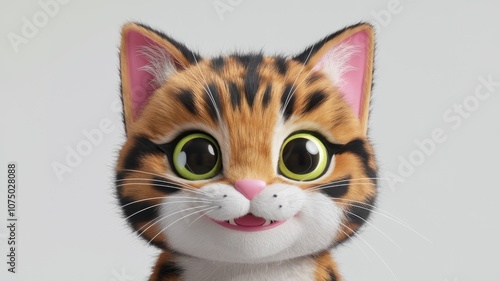 A cute cartoon cat with big green eyes and a playful expression.