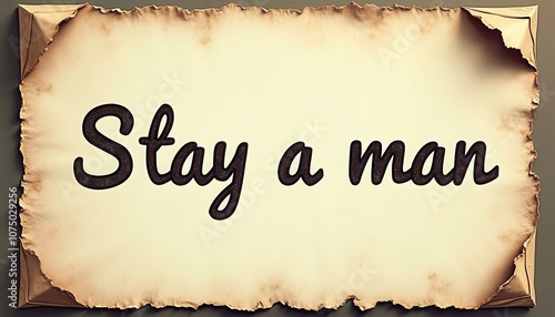 A rustic parchment displays the phrase Stay a man in elegant cursive lettering. photo