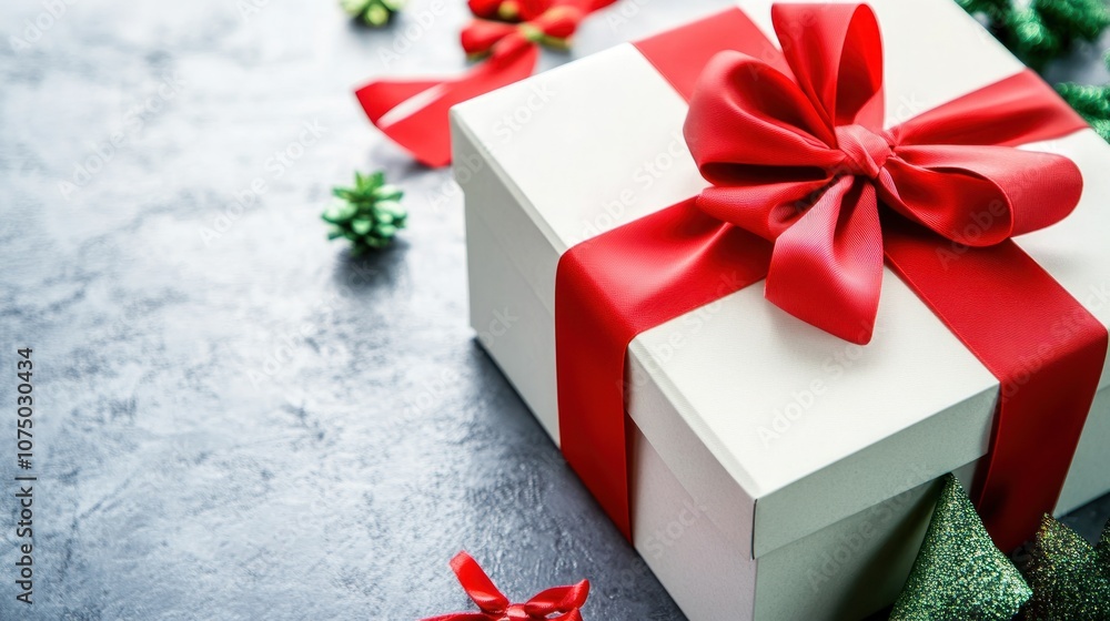 A beautifully wrapped gift box with a red ribbon and festive decorations. A beautifully wrapped gift box with a red ribbon and festive decorations.