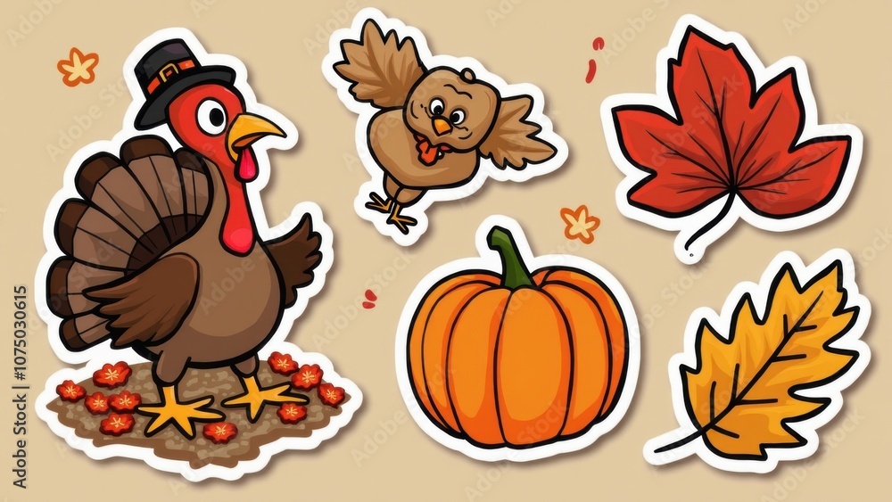 Obraz premium A cheerful turkey stands on a bed of flowers, accompanied by an owl, a pumpkin, and colorful leaves, capturing the festive spirit of autumn and Thanksgiving Thanksgiving day concept