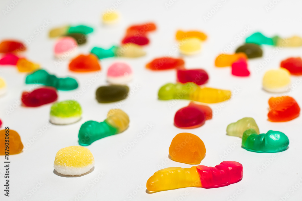 Colorful gummy candies on isolated white background Colorful gummy candies on isolated white background