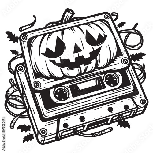 Spooky Cassette Tape: Halloween Pumpkin Face in Vintage Audio Cassette Design 