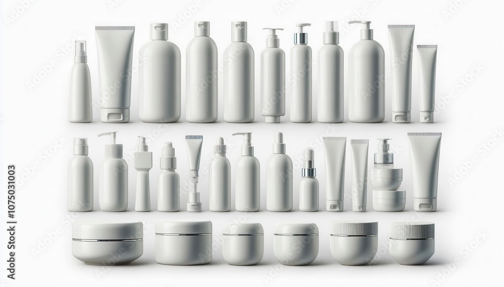 Variety of blank cosmetic containers...Description: A collection of various blank white cosmetic bottles and jars. Variety of blank cosmetic containers...Description: A collection of various blank white cosmetic bottles and jars.