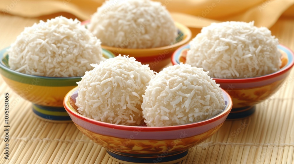 Coconut Ladoos in Colorful Bowls on a Bamboo Mat Coconut Ladoos in Colorful Bowls on a Bamboo Mat