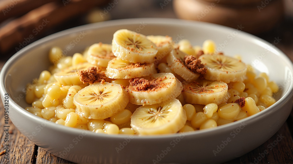 Banana and corn dessert with cinnamon in white bowl Banana and corn dessert with cinnamon in white bowl