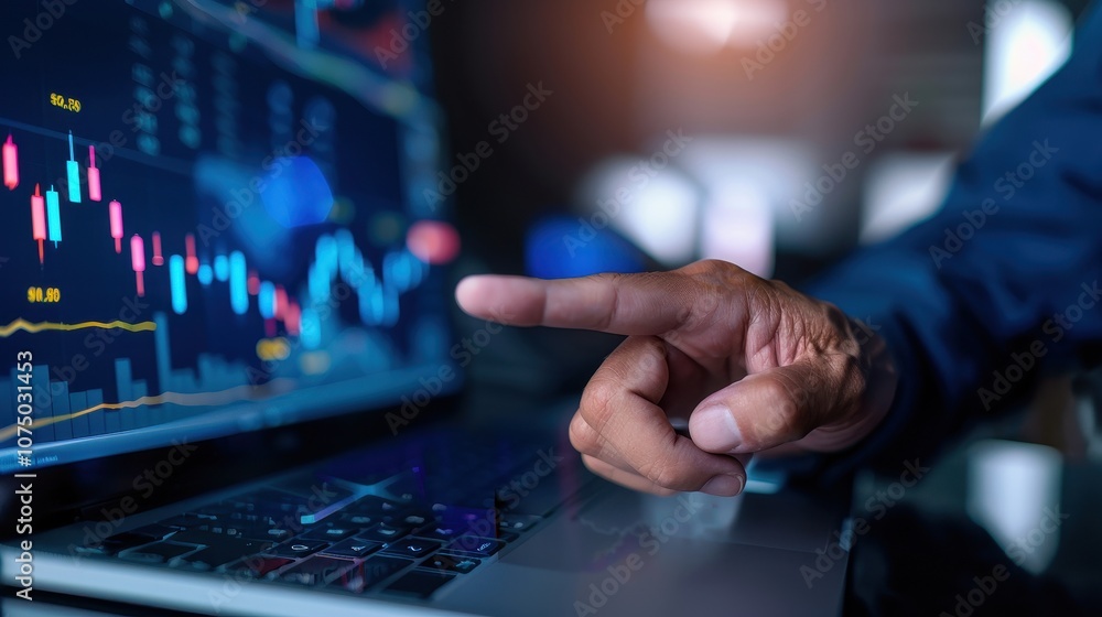 Fototapeta premium Investor analyzing stock market data on laptop with candlestick charts and financial graphs