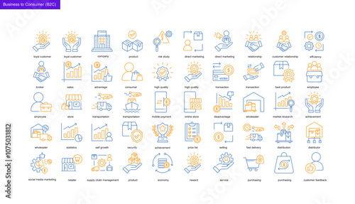 color icon collection, business to consumer line icon (B2C)
