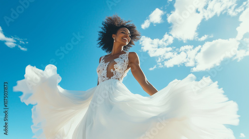 Joyful bride in an elegant white dress spinning outdoors under a clear blue sky, embracing freedom and happiness