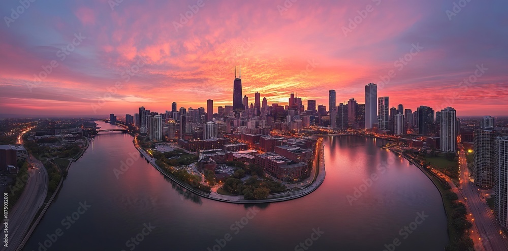 Aerial Photograph of Chicago Skyline at Sunset. AI generated illustration Aerial Photograph of Chicago Skyline at Sunset. AI generated illustration