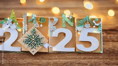 A creative postcard concept featuring number 2025 paper Christmas tree video ornaments stars sequins Set wooden background bokeh effects design captures magic New Year celebrations perfect festive