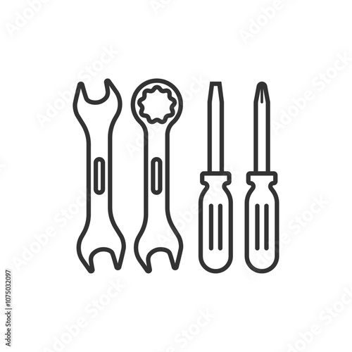 スパナとドライバーの工具アイコンセット(線画・白黒)