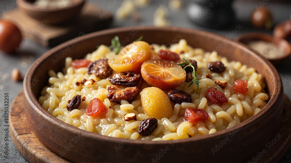 Orzo pasta with dried fruits in wooden bowl Orzo pasta with dried fruits in wooden bowl