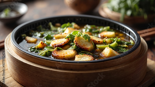 Steaming hot Asian soup with dumplings and greens