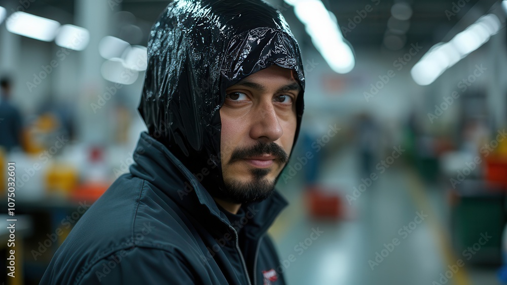 A factory worker with a plastic cover on his head is engaged in tasks within a well lit industrial environment. The surrounding area features machinery and other workers, indicating a busy production A factory worker with a plastic cover on his head is engaged in tasks within a well lit industrial environment. The surrounding area features machinery and other workers, indicating a busy production