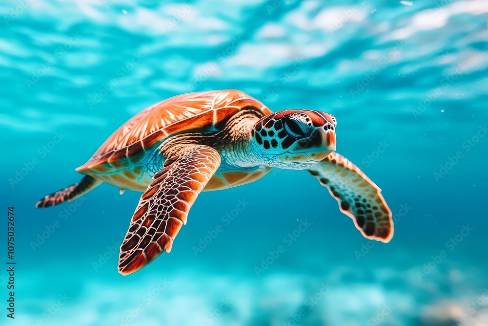 Obraz premium A graceful sea turtle gliding through crystal clear tropical waters in an underwater paradise