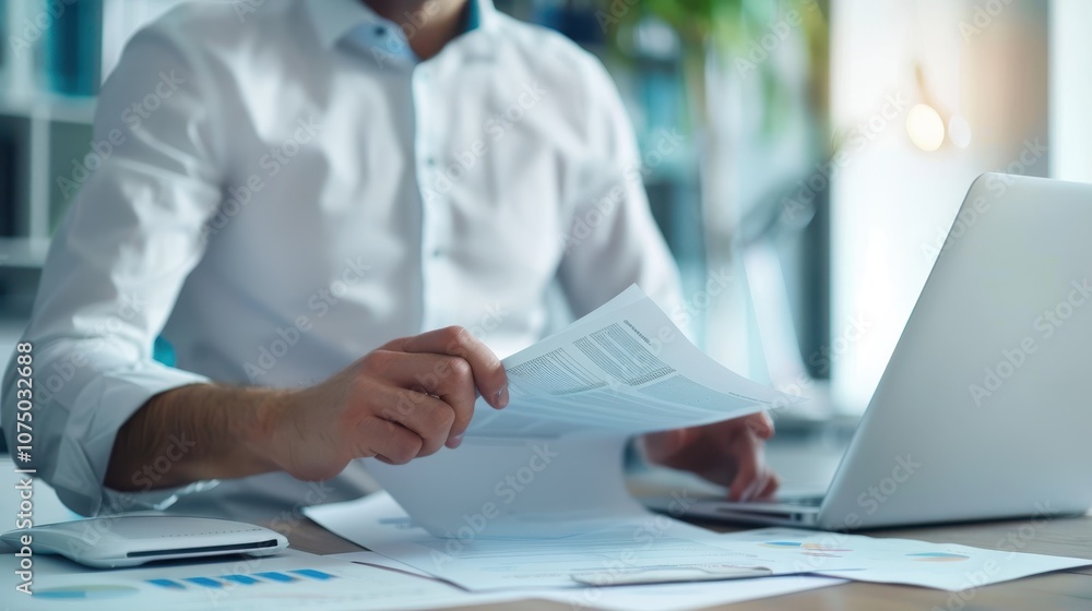 Business professional analyzing documents and financial reports at office desk with laptop Business professional analyzing documents and financial reports at office desk with laptop