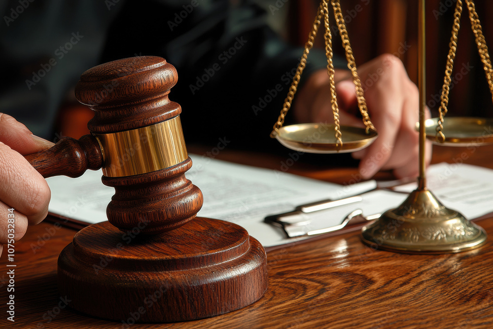 Judge holding gavel with justice scales and documents in office Judge holding gavel with justice scales and documents in office