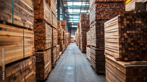 A row of wooden stacked in a store or warehouse