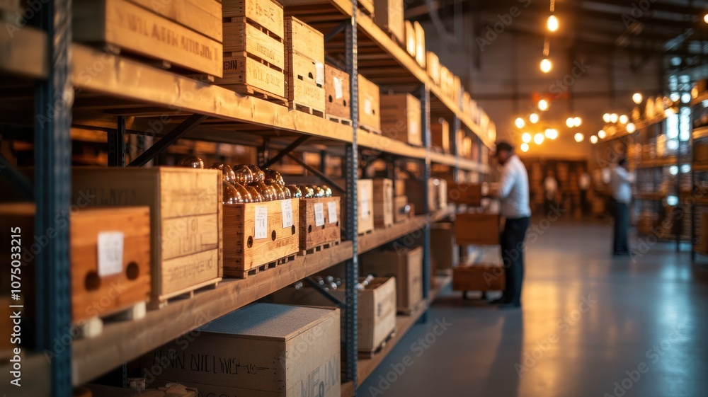 A busy warehouse filled with shelves of wooden boxes. A busy warehouse filled with shelves of wooden boxes.