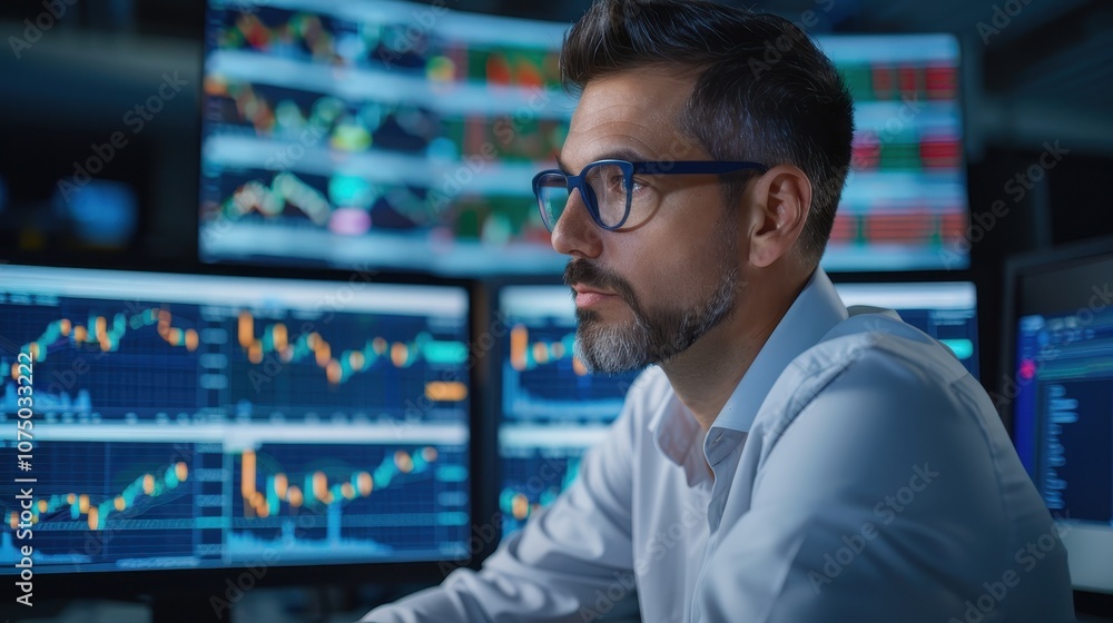 Focused financial analyst monitoring stock market trends on multiple screens in trading office Focused financial analyst monitoring stock market trends on multiple screens in trading office