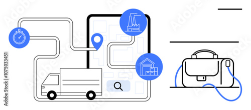 Delivery truck follows a marked route on a map displayed on a tablet, indicating key locations with icons including a stopwatch, factory, and warehouse. Briefcase symbolizes business logistics. Ideal