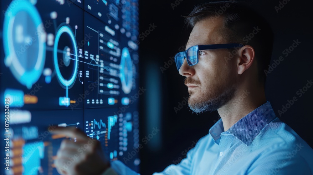 Analyst examining data on interactive digital display, focused on financial graphs and network analytics Analyst examining data on interactive digital display, focused on financial graphs and network analytics