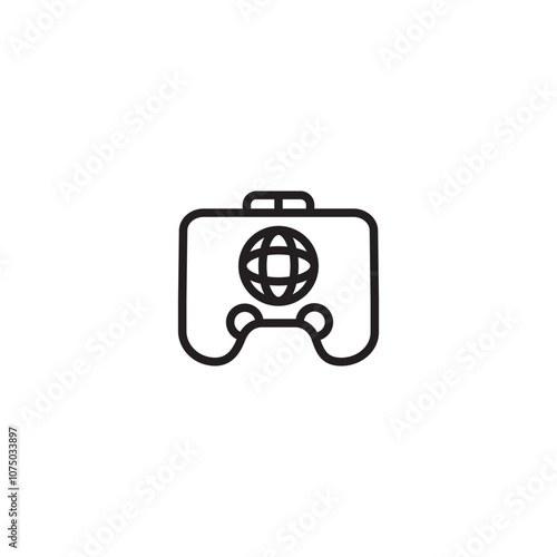 A simple line drawing of a game controller with a globe inside on icon. A minimalist icon showing a game controller with a globe icon in the center. Editable icon.