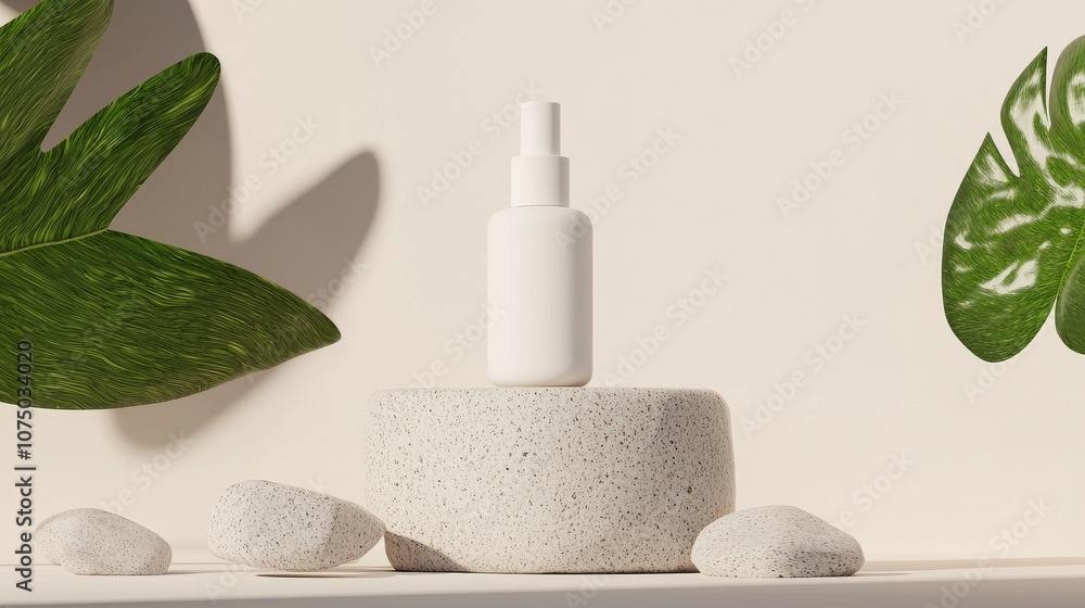 A minimalist skincare product is elegantly displayed on a textured stone pedestal surrounded by lush green leaves. A minimalist skincare product is elegantly displayed on a textured stone pedestal surrounded by lush green leaves.