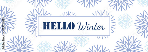 Hello winter. 1st December as a symbol of winter beginning. Hand drawn vector illustration in flat style. Blue snowflakes background. Vector web banner, greeting card, snowfall design