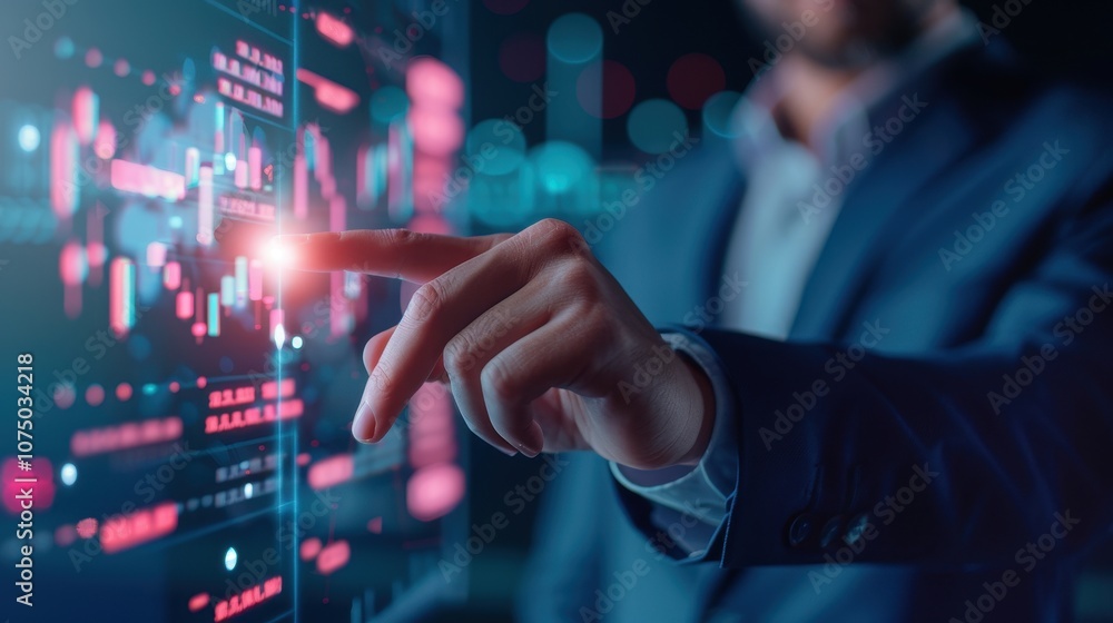 Business professional interacting with futuristic digital interface, analyzing financial data with glowing red charts Business professional interacting with futuristic digital interface, analyzing financial data with glowing red charts