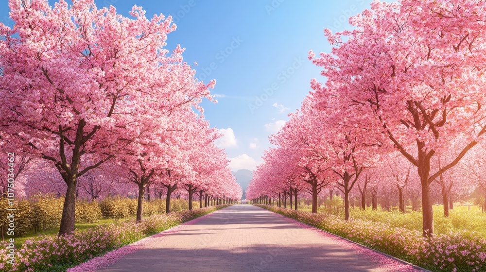 Cherry blossom trees in full bloom along a pathway, soft pink petals against a clear blue sky, peaceful spring setting, graphy Cherry blossom trees in full bloom along a pathway, soft pink petals against a clear blue sky, peaceful spring setting, graphy