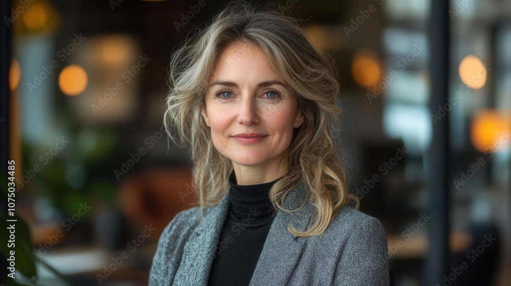 confident middle-aged businesswoman shaking hands in an office setting, exuding professionalism and warmth during a successful job interview confident middle-aged businesswoman shaking hands in an office setting, exuding professionalism and warmth during a successful job interview