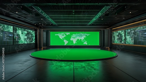 Virtual TV Studio Set with Green Screen Backdrop. AI generated illustration