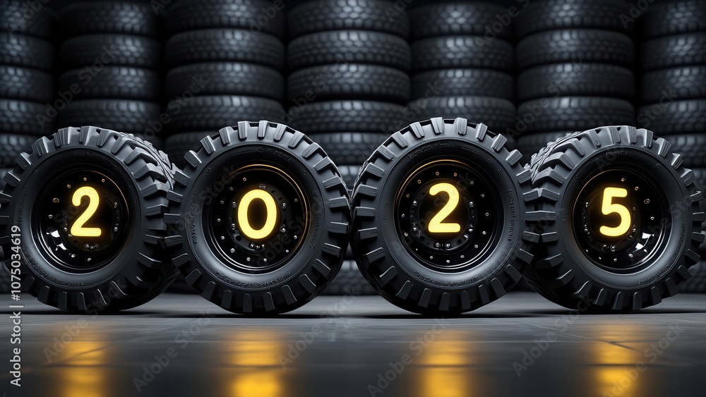 Obraz premium Four prominent tires are arranged to form the numbers 2025, symbolizing strength and durability. Behind them, a wall of stacked tires creates a striking industrial backdrop, adding depth to the settin