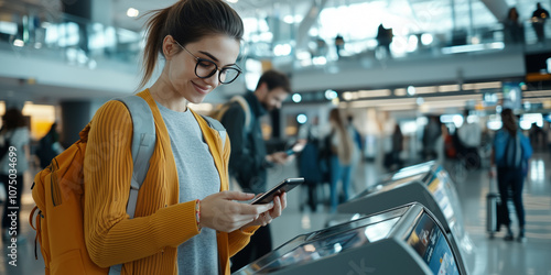 young woman in busy airport terminal uses her mobile device at kiosk, surrounded by travelers. atmosphere is lively and bustling with people on move