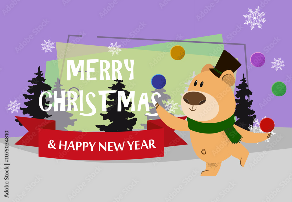 Naklejka premium Merry Christmas and Happy New Year postcard with cute bear. Illustration of joggling bear with balls in cylinder hat on background with winter forest. Can be used for postcard, greeting card, leaflet