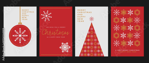 Set of 4 Christmas Cards, red and gold, minimal scandinavian design