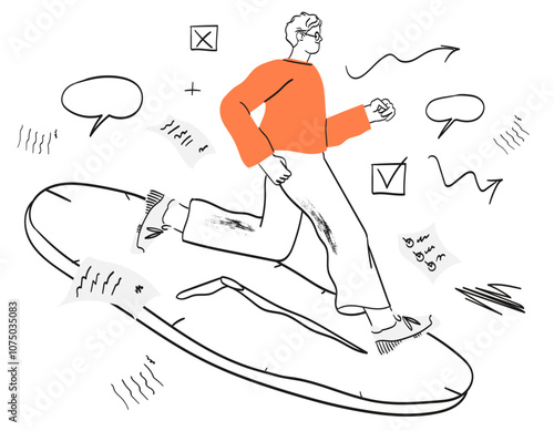 Time management concept. Modern line character drawing. Time management metaphor, a stopwatch, timeline and man in workflow. Creative vector illustration for web page, banner, poster, ads.