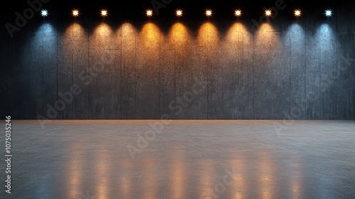 Wallpaper Mural A dramatic stage with a series of colored lights casts intriguing shadows on a sleek concrete floor, setting a moody, theatrical scene. Torontodigital.ca