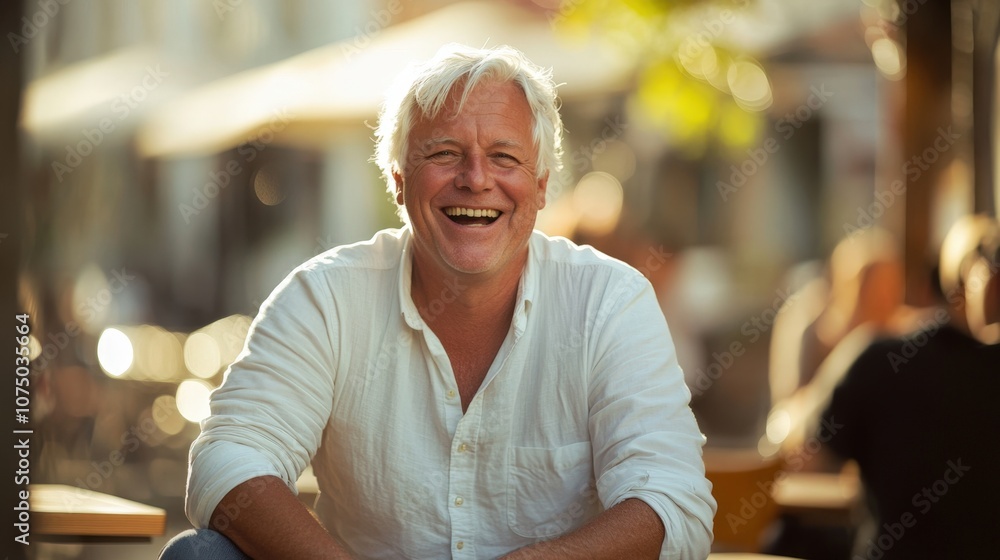 Obraz premium A white-haired mature man in loose jeans and a white casual shirt laughing in an outdoor cafe with blurred background of urban street and people, natural sunlight
