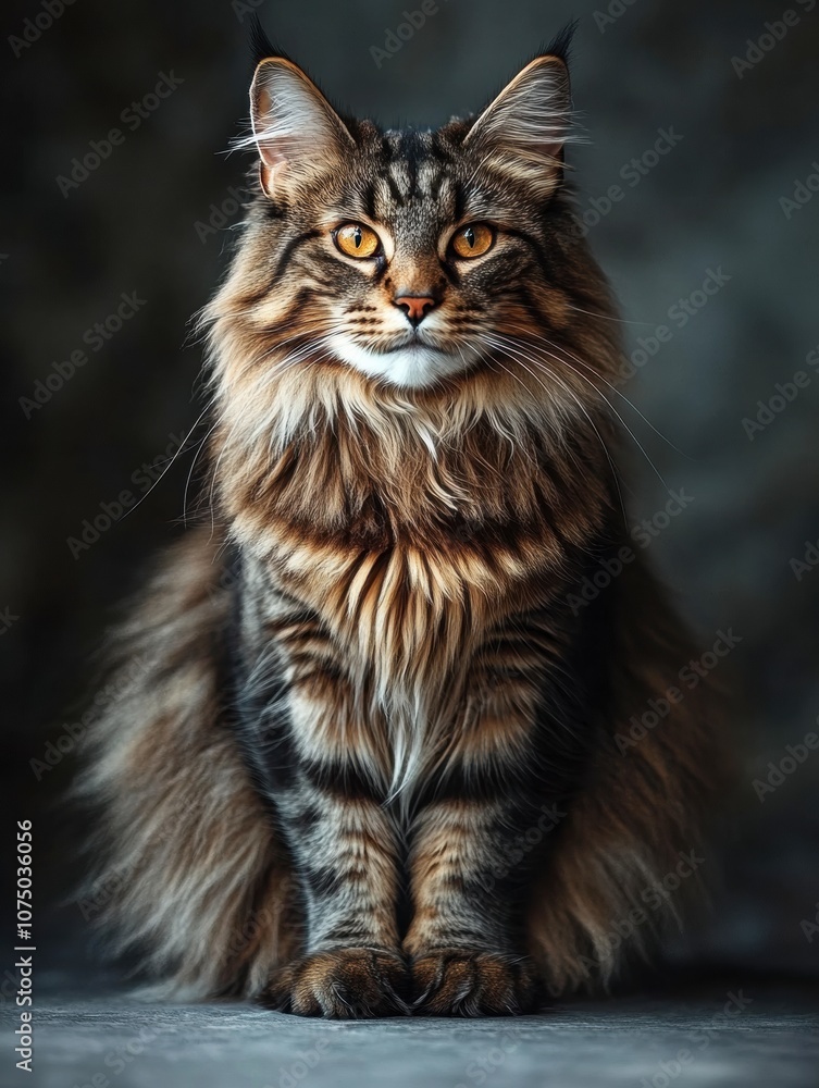 Maine Coon cat, majestic pose, stunning fur, dark background. Maine Coon cat, majestic pose, stunning fur, dark background.