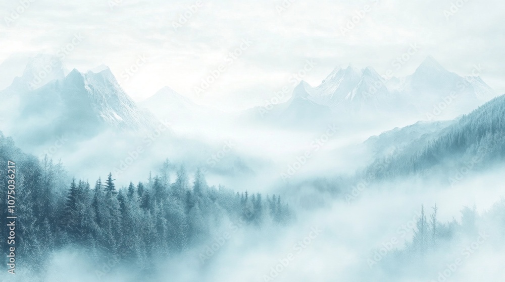 Foggy mountain landscape. Panoramic view of snow-capped mountains. - Generated AI Foggy mountain landscape. Panoramic view of snow-capped mountains. - Generated AI