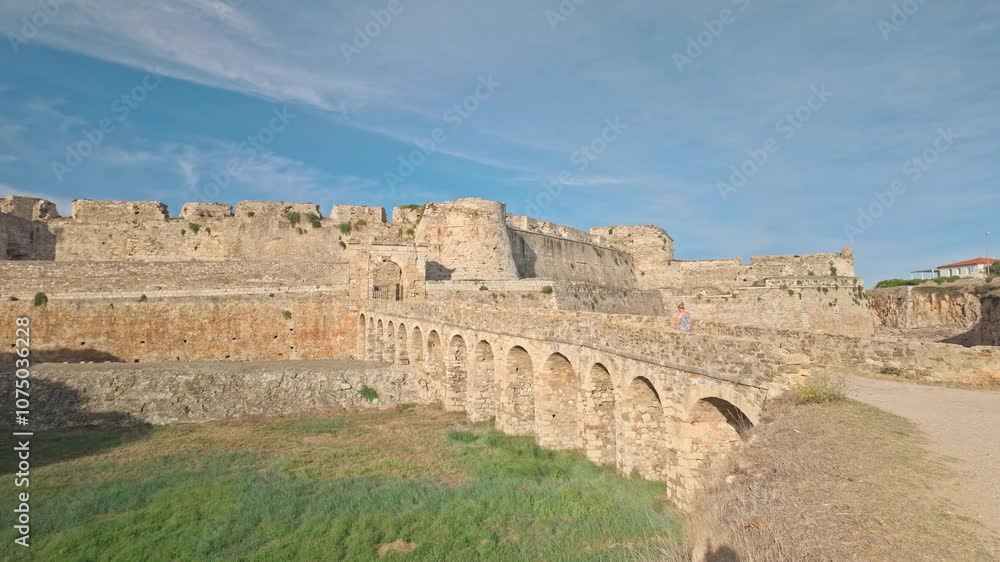 Tourist walks over stone arched sea moat bridge to magnificent Methoni castle Greece Tourist walks over stone arched sea moat bridge to magnificent Methoni castle Greece