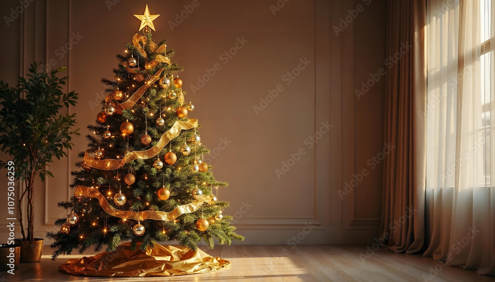 Fototapeta premium Elegant Big Christmas Tree in a living room - holiday xmas background