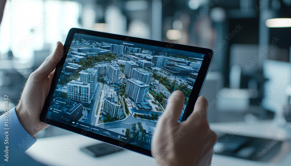 real estate agent uses tablet to show virtual tour of modern urban buildings, enhancing client engagement with technology real estate agent uses tablet to show virtual tour of modern urban buildings, enhancing client engagement with technology