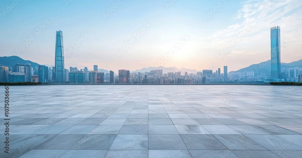 Empty square floor with modern city skyline background in shenzhen Empty square floor with modern city skyline background in shenzhen