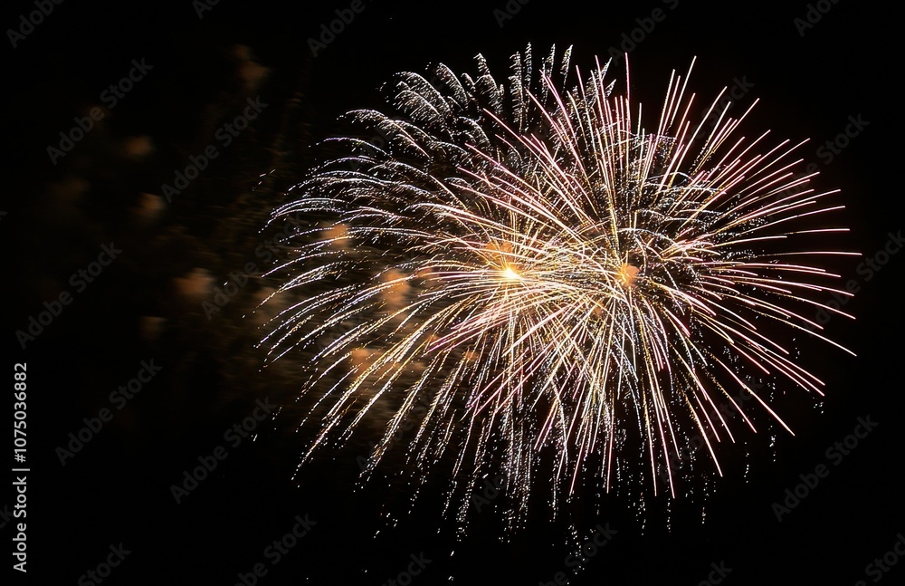 Fireworks exploding against dark night sky creating a spectacular display of light and color Fireworks exploding against dark night sky creating a spectacular display of light and color