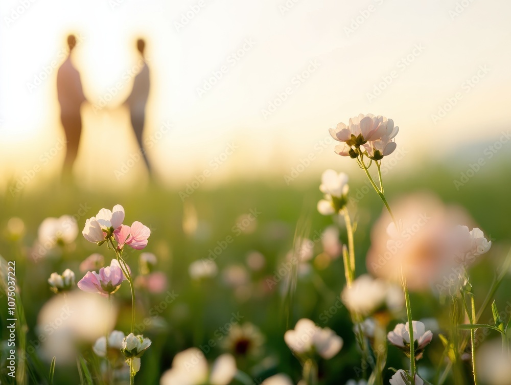 Fototapeta premium A romantic couple holding hands in a blooming flower field.