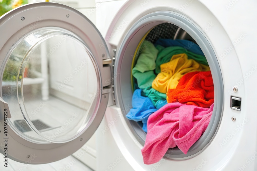 A front loading washing machine is filled with vibrant, colorful clothes in a cozy laundry space. The rainbow hues of the garments are visible as they tumble inside during the washing process, creatin A front loading washing machine is filled with vibrant, colorful clothes in a cozy laundry space. The rainbow hues of the garments are visible as they tumble inside during the washing process, creatin