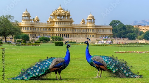 Colorful Peacocks Roaming in Majestic Gardens